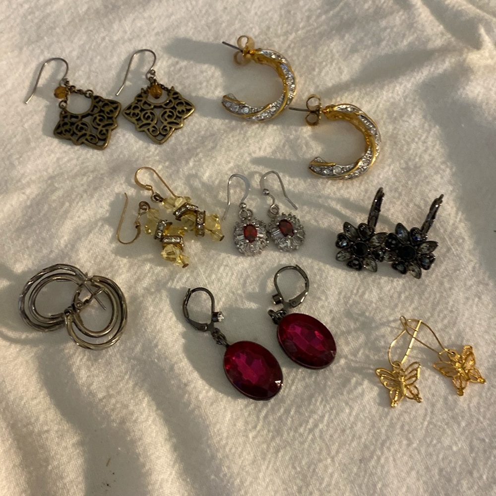 Set of Eight Rhinestone dangle Earrings Pierced